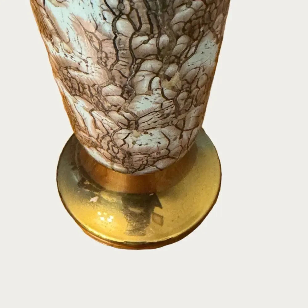 Vintage Handpainted Delftware Brass & Copper Ceramic Vase Teal & Gold Holland